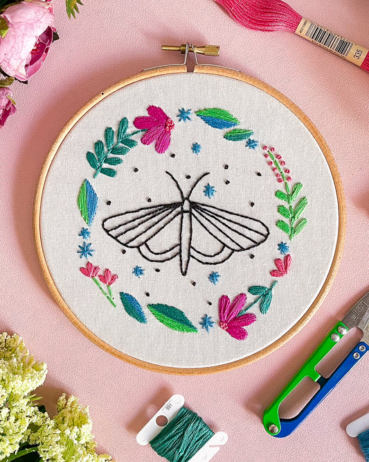 "Moth & Floral Wreath"- - Embroidery Kit 001